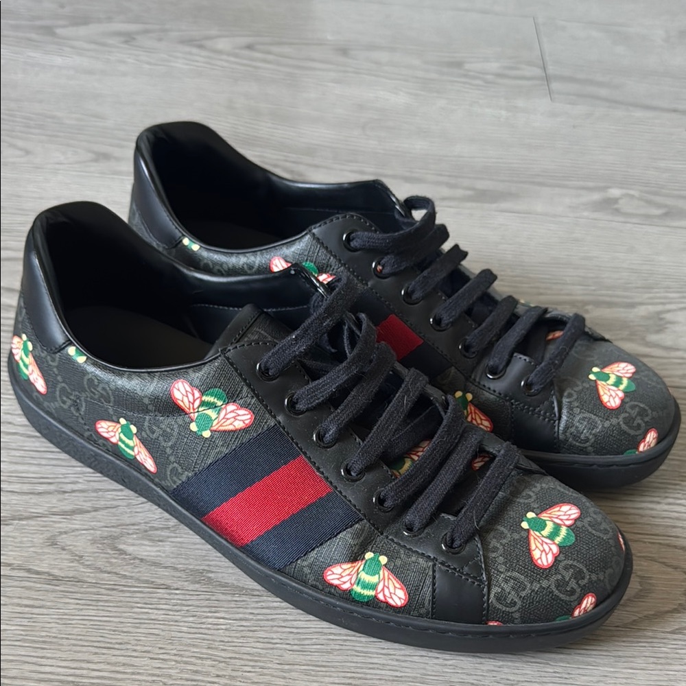 Gucci Black Sneakers with Red and Green Insect Motif